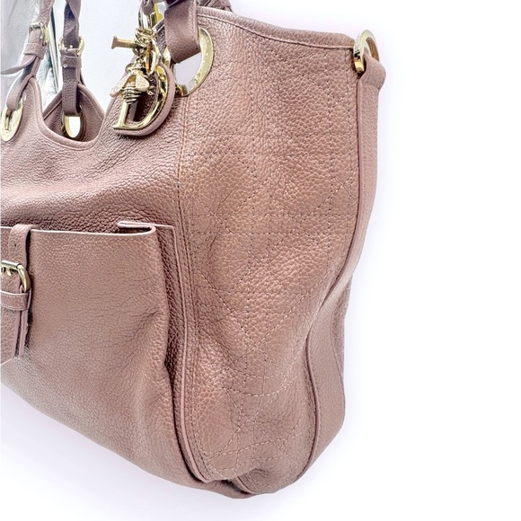 Auth Christian Dior Cannage Quilted Metallic Mauve Pink Leather Bee Hobo Tote - Picture 13 of 15